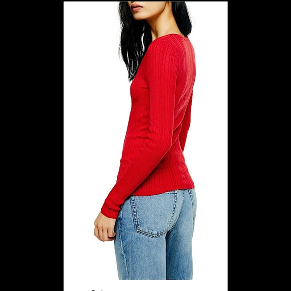 NWT Topshop Split Neck Ribbed Sweater - Red - Picture 3 of 7